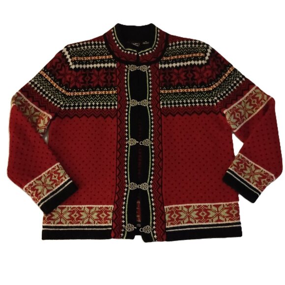 Skyr Red Wool Fair Isle Cardigan Sweater w/ Ornate Metal Clasps Women's Medium - Picture 1 of 15